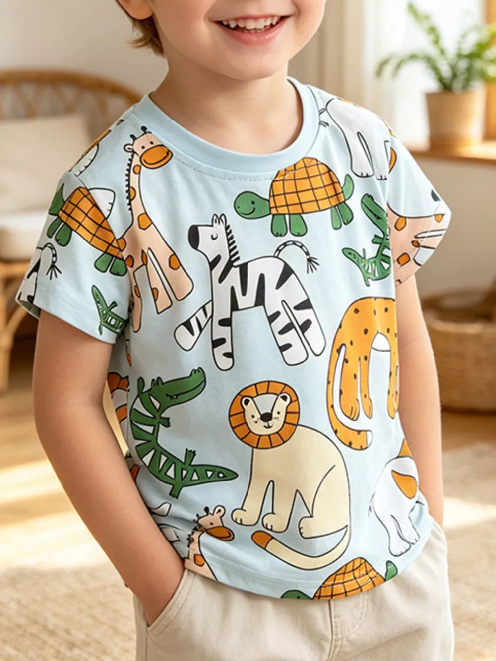 Blue short sleeve baby t-shirt with cartoon safari adventure print, comfortable fit.