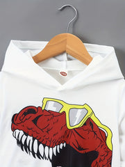 White hoodie with a red dinosaur graphic wearing yellow sunglasses.