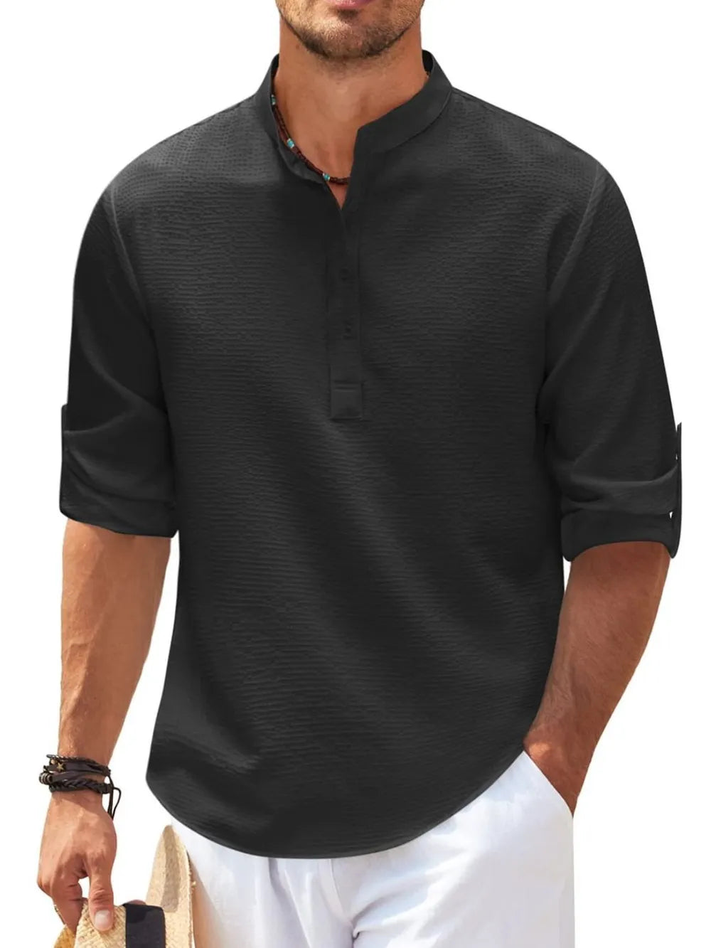 Black textured henley shirt with roll-up sleeves and button detail