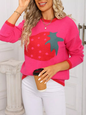 Rose red acrylic blend sweater with a large strawberry graphic, crew neck, and ribbed cuffs.