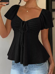 Ruched Flutter Sleeve Peplum Top in Yellow, close-up detail