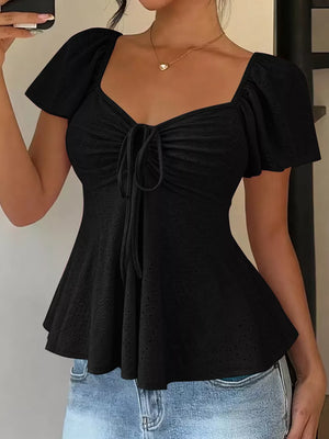 Ruched Flutter Sleeve Peplum Top in Yellow, close-up detail