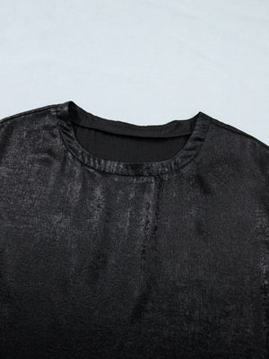 Black metallic tee with round neck and cap sleeves, made of polyester and spandex blend.