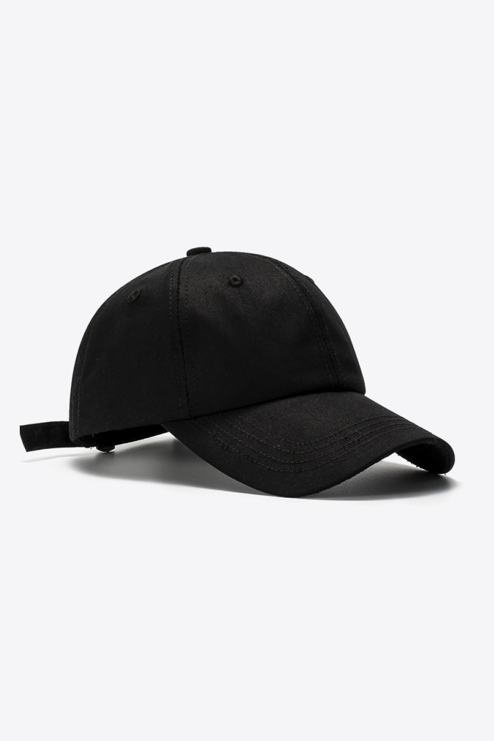 Black cotton baseball cap with adjustable strap detail