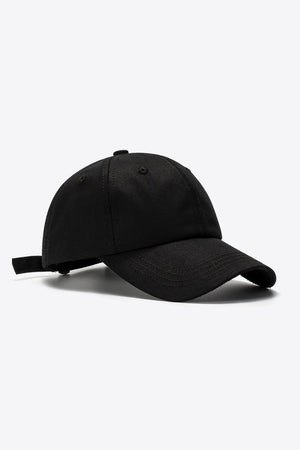 Black cotton baseball cap with adjustable strap detail