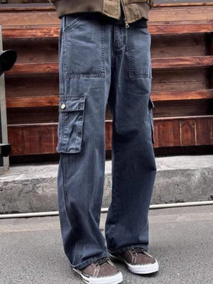 Navy blue relaxed fit cargo pants with multiple pockets and a vintage wash.