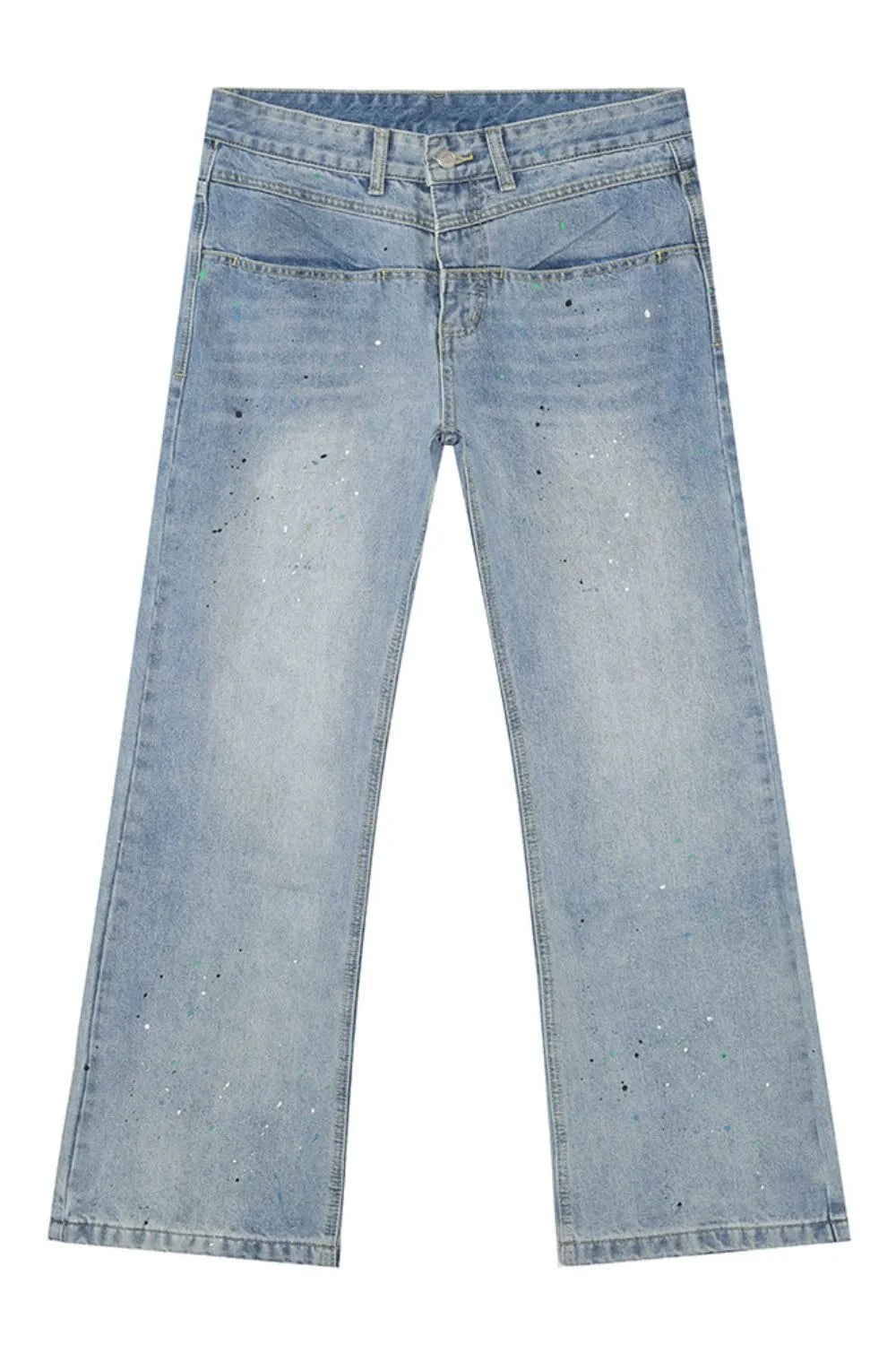 Light wash denim jeans with double waistline and splatter paint detail.