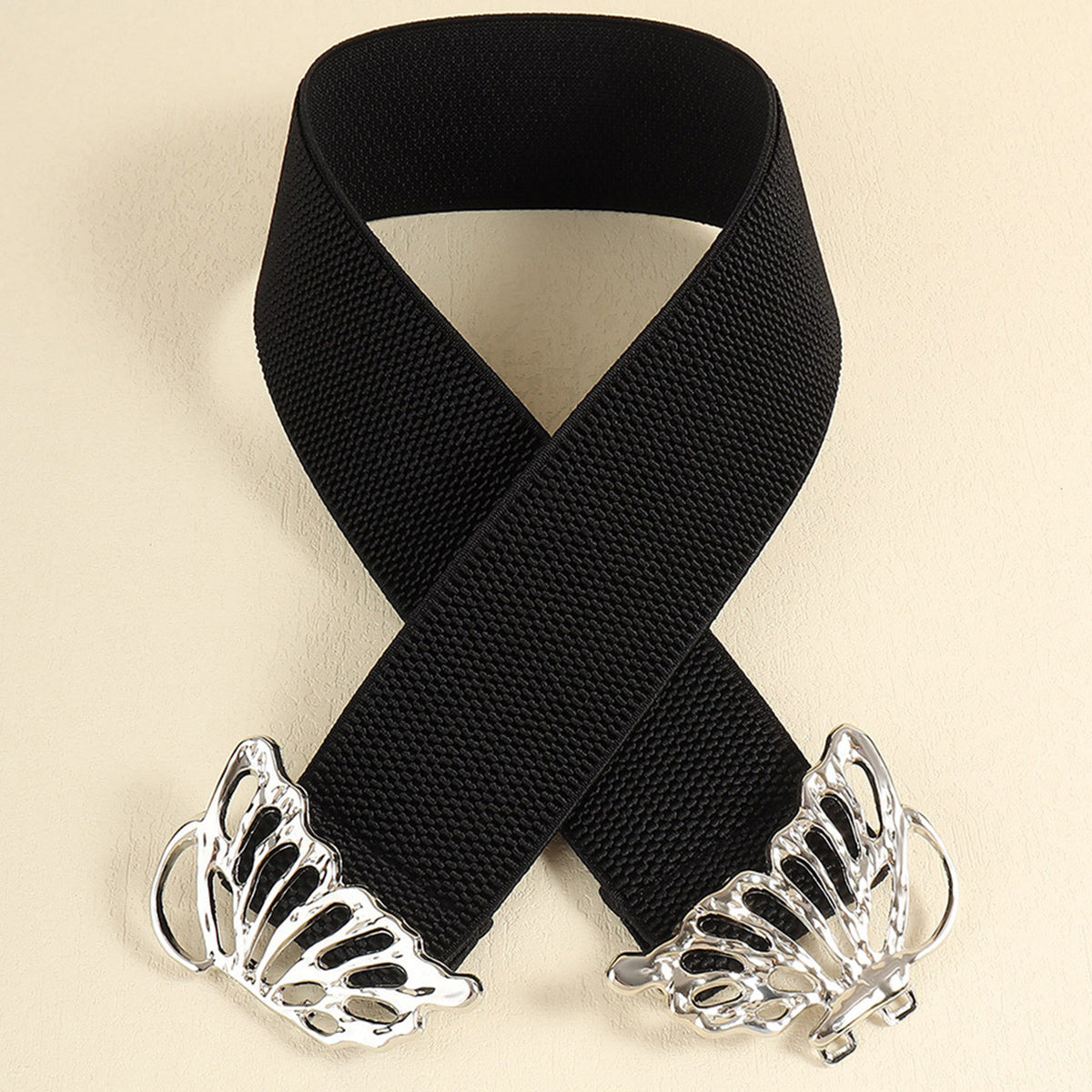 Black elastic belt with silver butterfly buckles