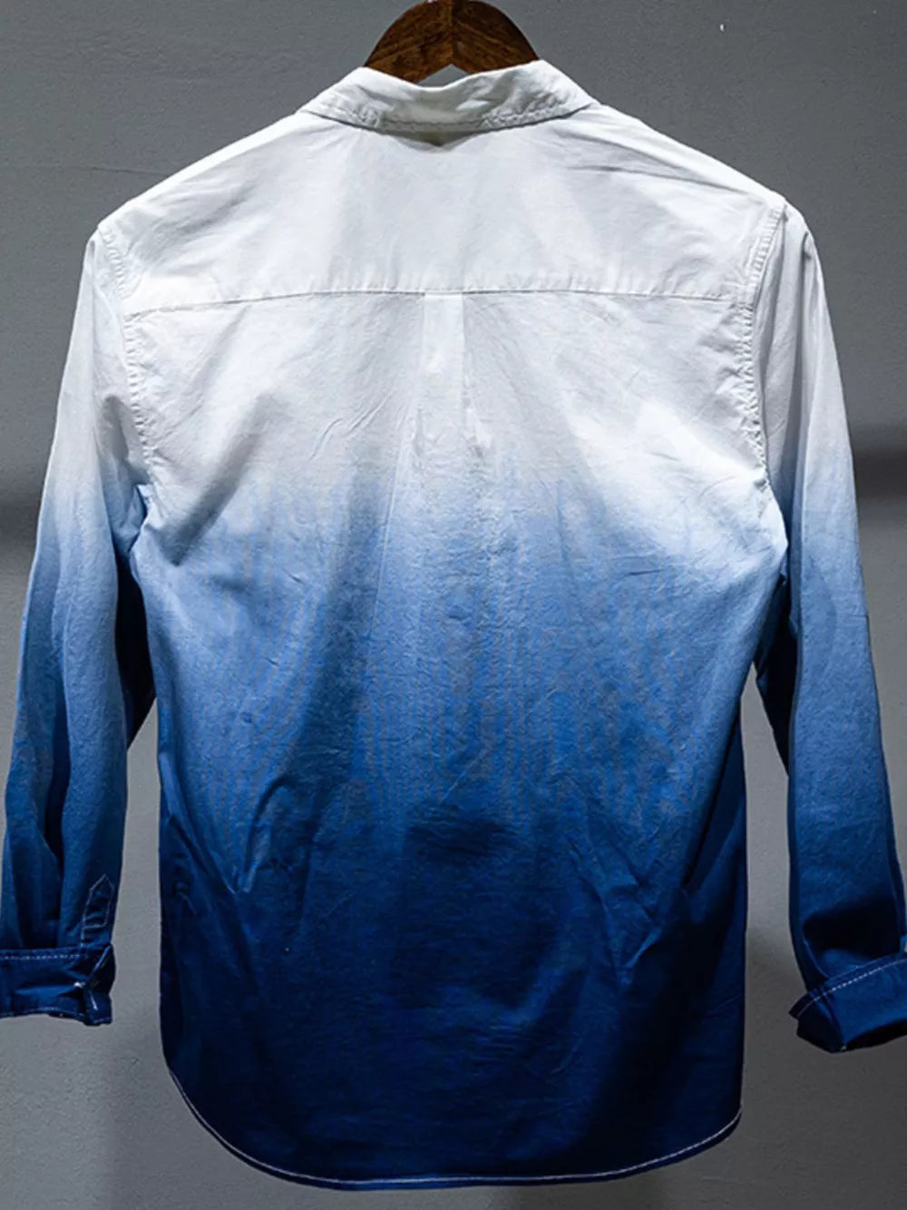 Men's blue gradient long sleeve cotton shirt with button-down collar.