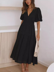 Black midi dress with V-neck, puff sleeves, smocked waist, and tiered skirt.