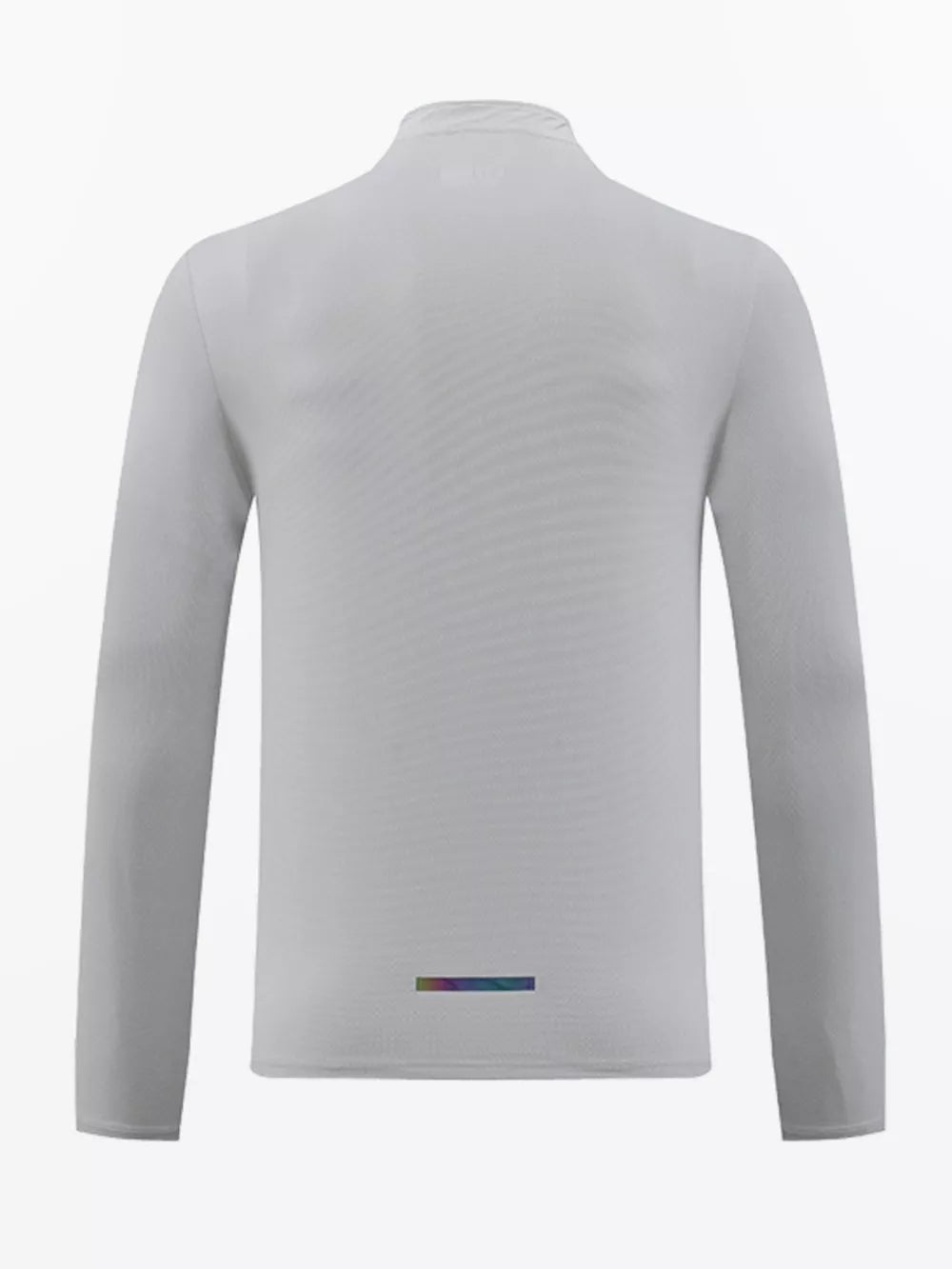Men's white long sleeve activewear tee with a mock neck and reflective detail.