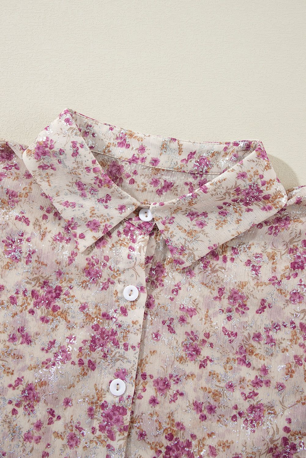 Sequin floral print relaxed fit blouse in dusty pink with button-down front and collar.