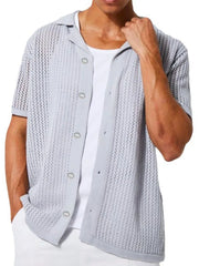 Gray open-knit resort shirt with short sleeves, button front, and collar, worn over a white tee.