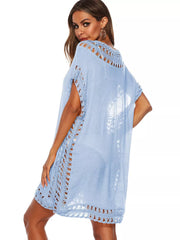 Sky Blue crochet V-neck cover-up dress with cutout details and short sleeves.
