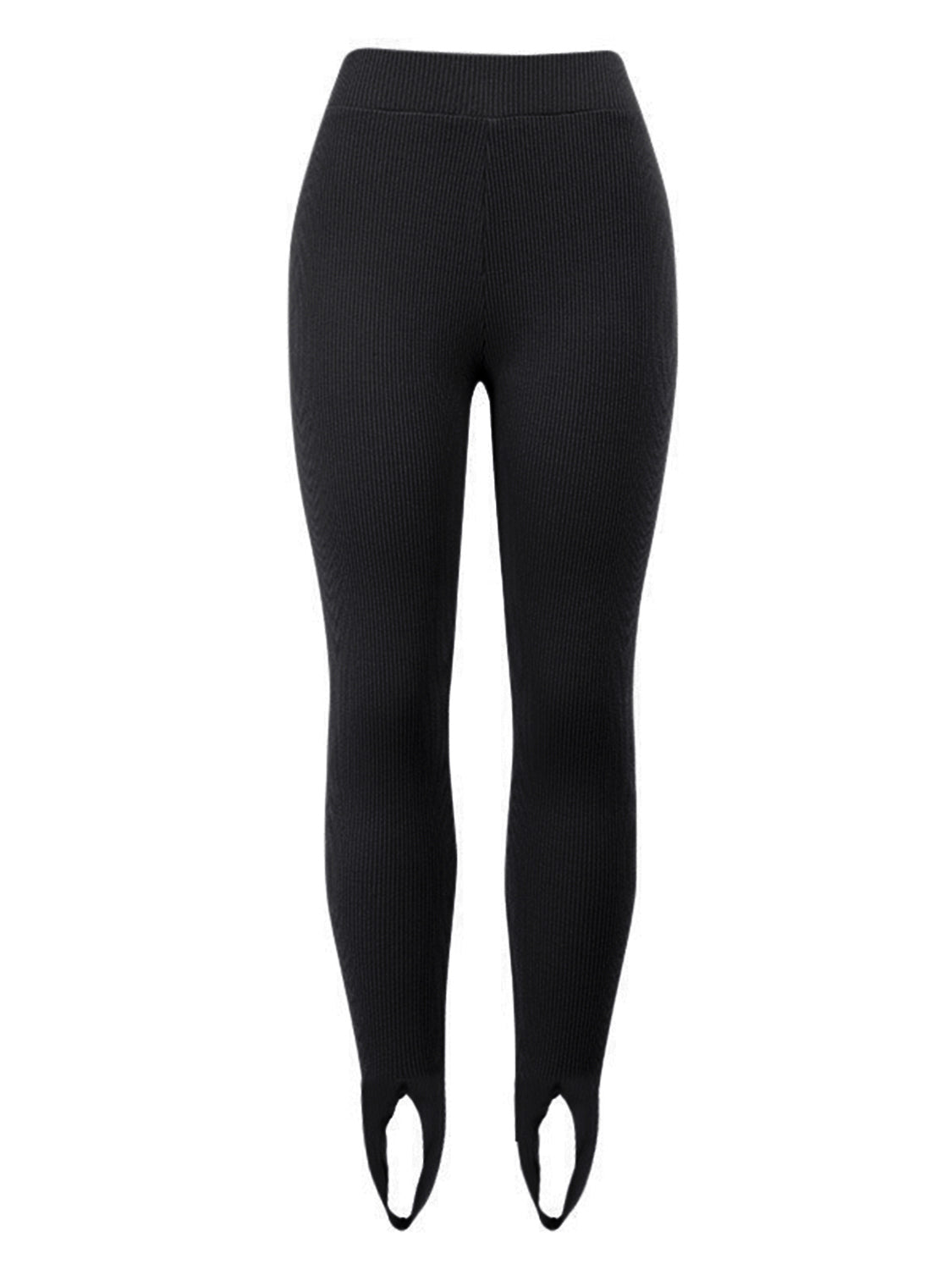 Black ribbed knit stirrup leggings with a high waist.