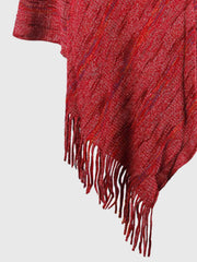 Wine mélange hooded cape with fringe detail and diagonal weave pattern.