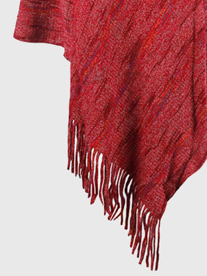 Wine mélange hooded cape with fringe detail and diagonal weave pattern.