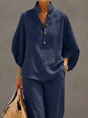 Dark Blue button-down loungewear set with wide sleeves and loose pants.