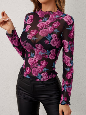 Floral mesh long sleeve top with lettuce trim neckline and cuffs