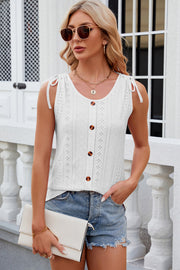 White eyelet button-down tank top with tie shoulders and scoop neck