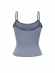 Blue and white striped cami top with thin straps and a fitted cut.
