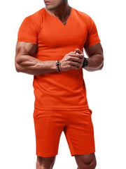 Orange v-neck tee and shorts set with notched collar and drawstring shorts for men.