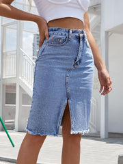 Light blue denim pencil skirt with frayed hem and front slit