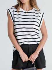 Padded shoulder breton stripe tank top in black and white.
