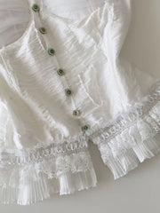 White lace ruffle hem tank top with button front detail