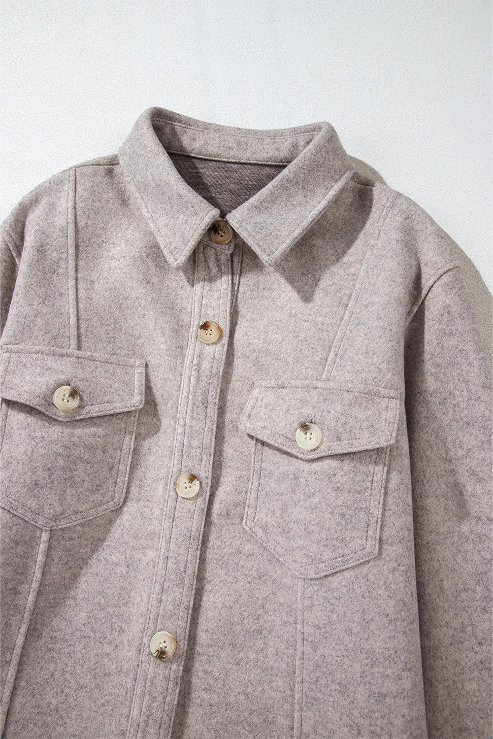 Fleece utility shirt jacket in Dust Storm with buttoned chest pockets and collar.