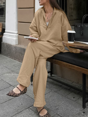 Camel quarter zip top and pants set with a relaxed fit, styled with leopard print flats.