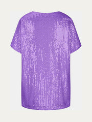 Purple sequin slouchy V-neck top with short sleeves