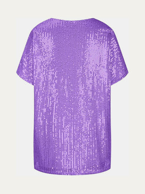 Purple sequin slouchy V-neck top with short sleeves
