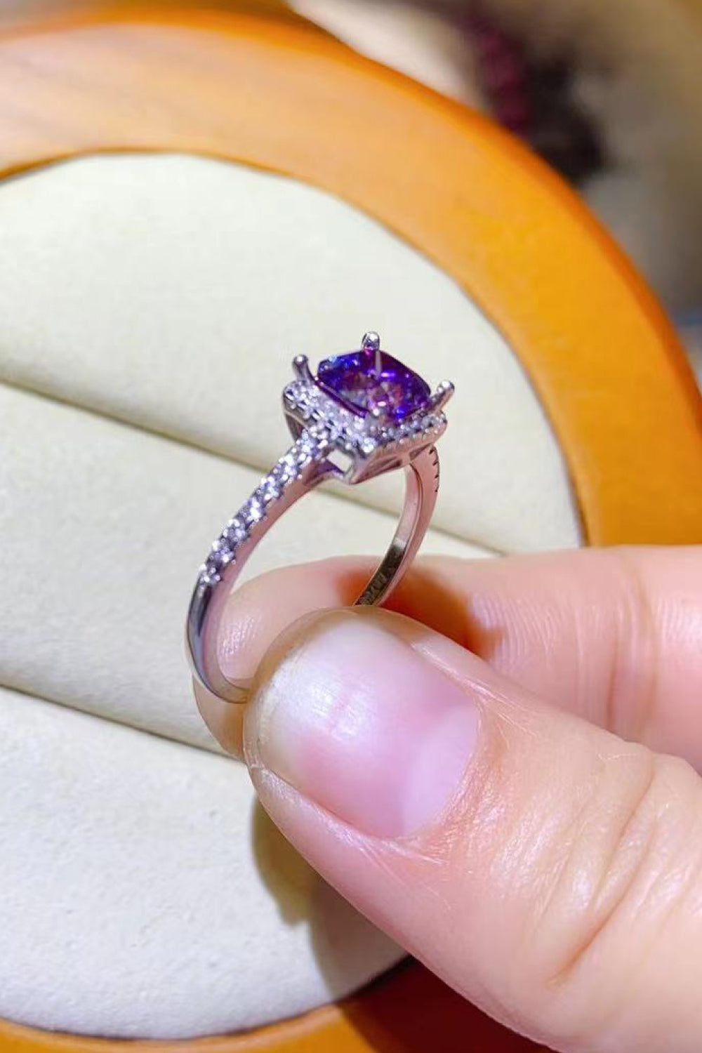 Purple cushion-cut moissanite halo ring with diamond band