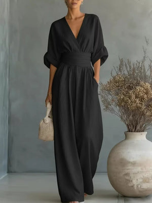 Full Size Half Sleeve Wide Leg Jumpsuit, close-up detail