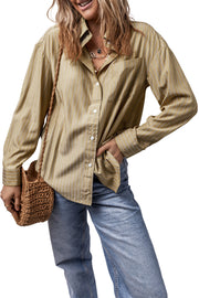Oversized stripe oxford shirt in tan with button front and chest pocket.