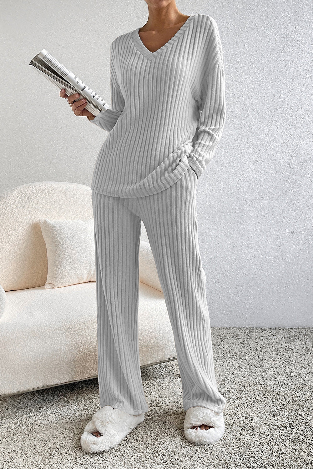 Light Gray ribbed knit lounge set with v-neck top and wide-leg pants.