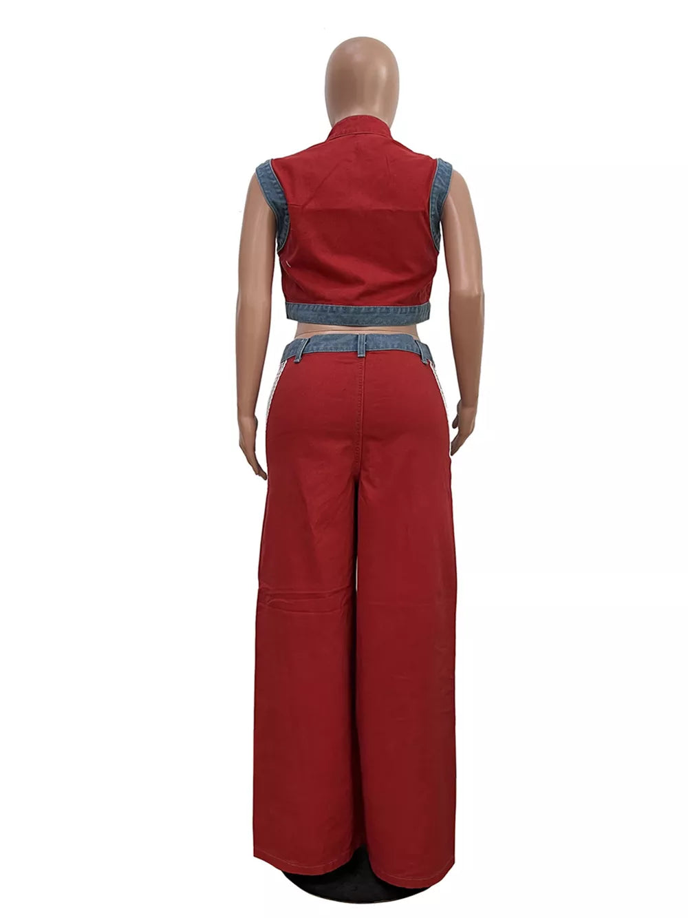 Red zip-front crop top and wide-leg pants set with denim accents.