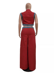 Red zip-front crop top and wide-leg pants set with denim accents.