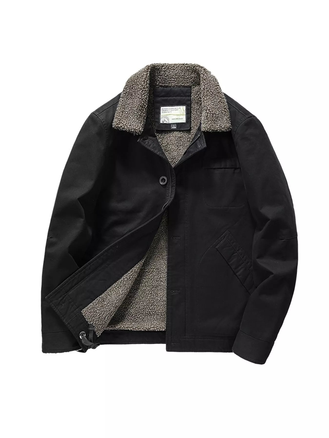Black sherpa collar jacket with button-up front and fleece lining.