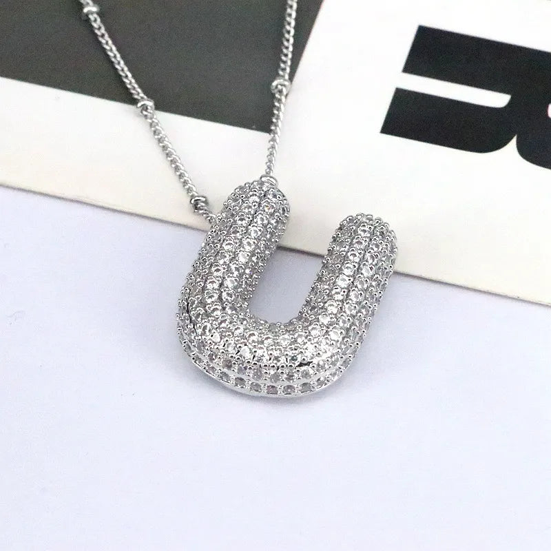 Pave initial pendant necklace with beaded chain, style U, silver tone copper.