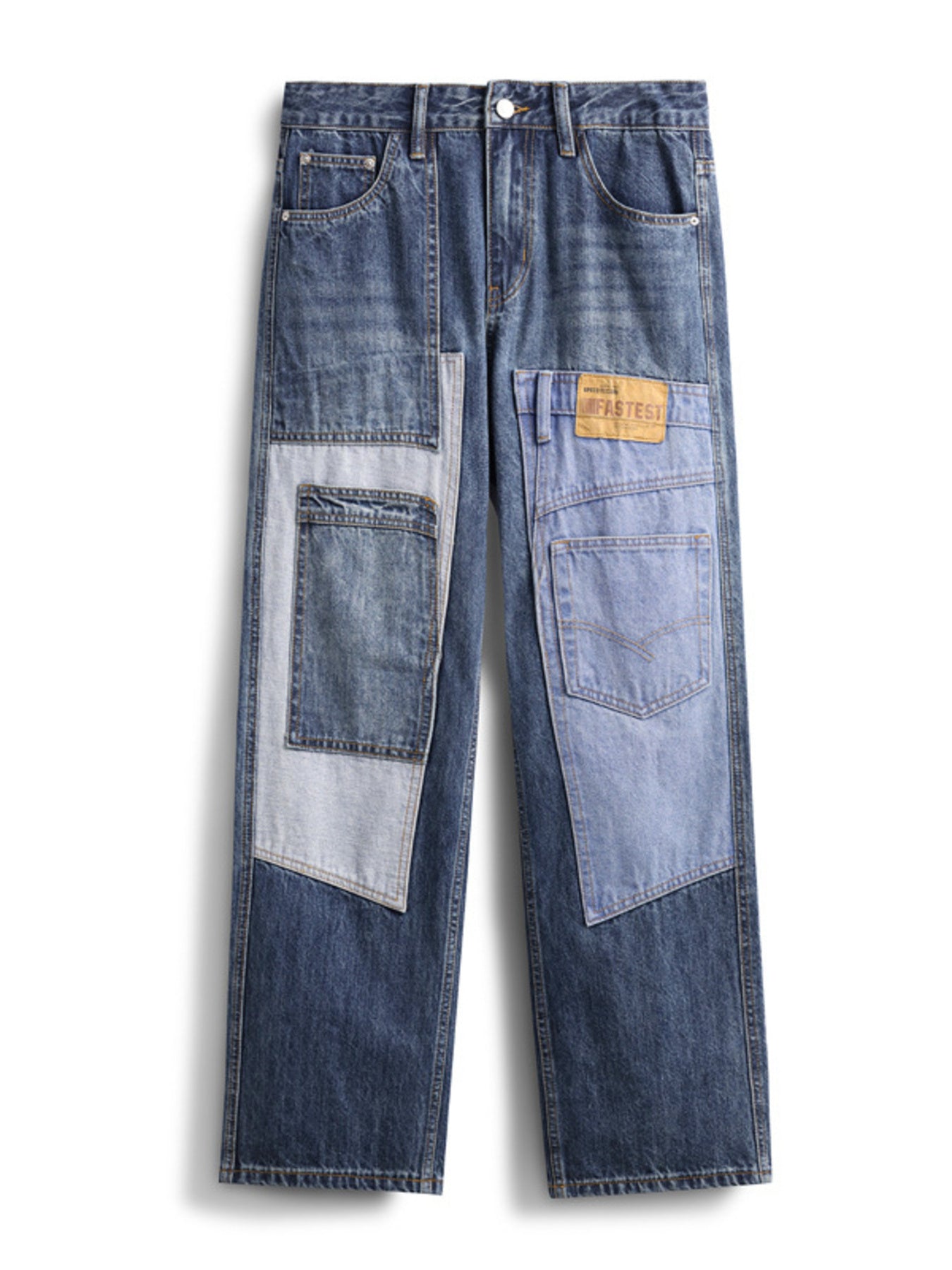Relaxed fit jeans with distinctive blue denim patchwork and distressed details.