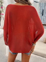 Rust open-knit dolman sleeve sweater with V-neck and sheer details.
