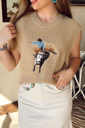 Tan knit tank top with rodeo cowboy and bull graphic, acrylic, casual style