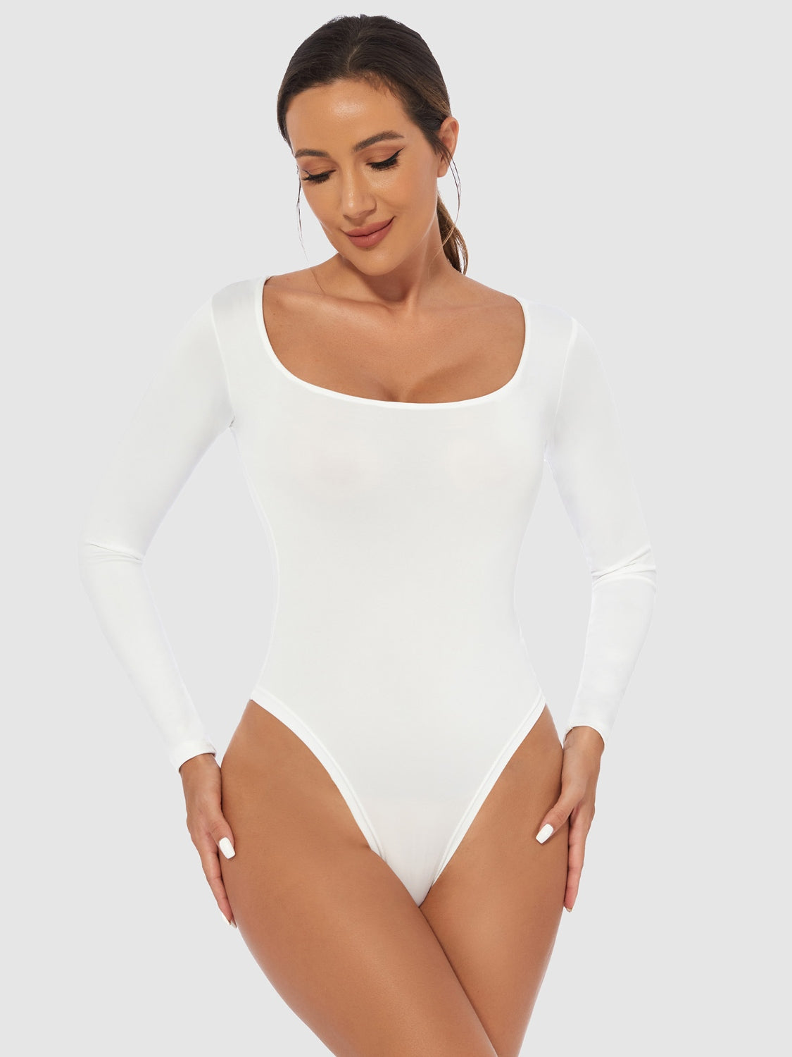 White long sleeve second-skin bodysuit with square neckline