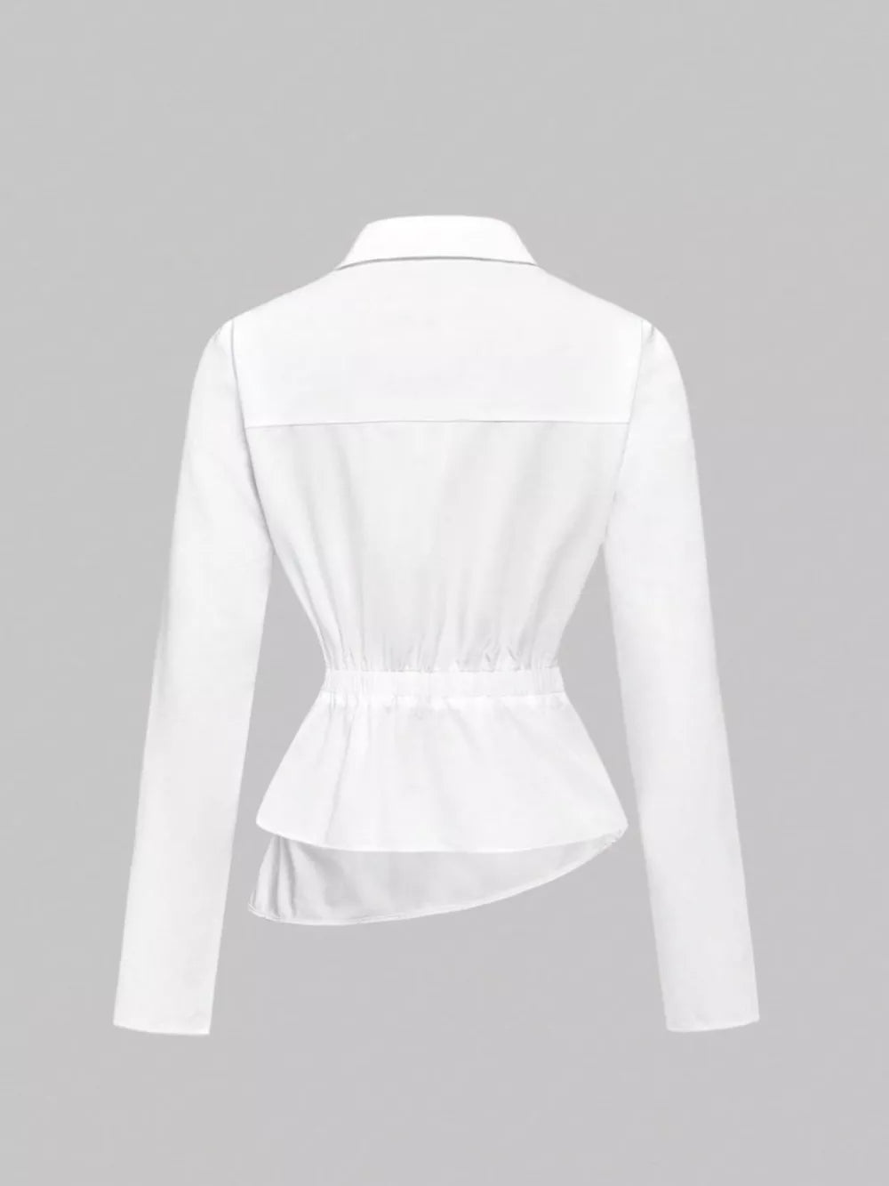 White asymmetrical button front long-sleeve shirt with cinched waist and peplum hem