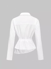 White asymmetrical button front long-sleeve shirt with cinched waist and peplum hem