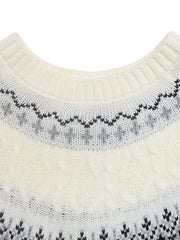 White Fair Isle knit sweater with cable knit details and a crew neck.