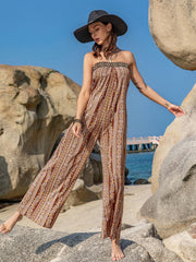 Boho bandeau floral wide-leg jumpsuit in lilac, black, or camel.