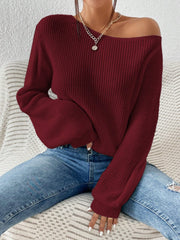 Burgundy ribbed knit off-shoulder top with balloon sleeves
